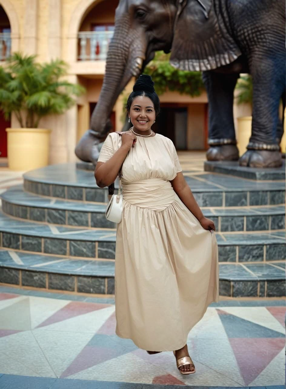 Beige pleated maxi dress with gathered stretch waist and short sleeves