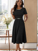 Women's Elegant Waist-Defined Midi Dress – Chain Neckline Accent & Sculpted Sleeve Silhouette