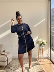 Flap-collar pearl button dress in dark navy, long sleeves, button front, straight hem