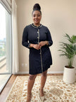 Flap-collar pearl button dress in dark navy, long sleeves, button front