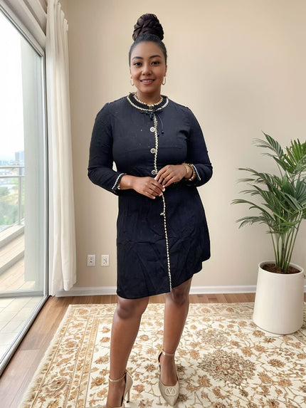 Flap-collar pearl button dress in dark navy, long sleeves, button front