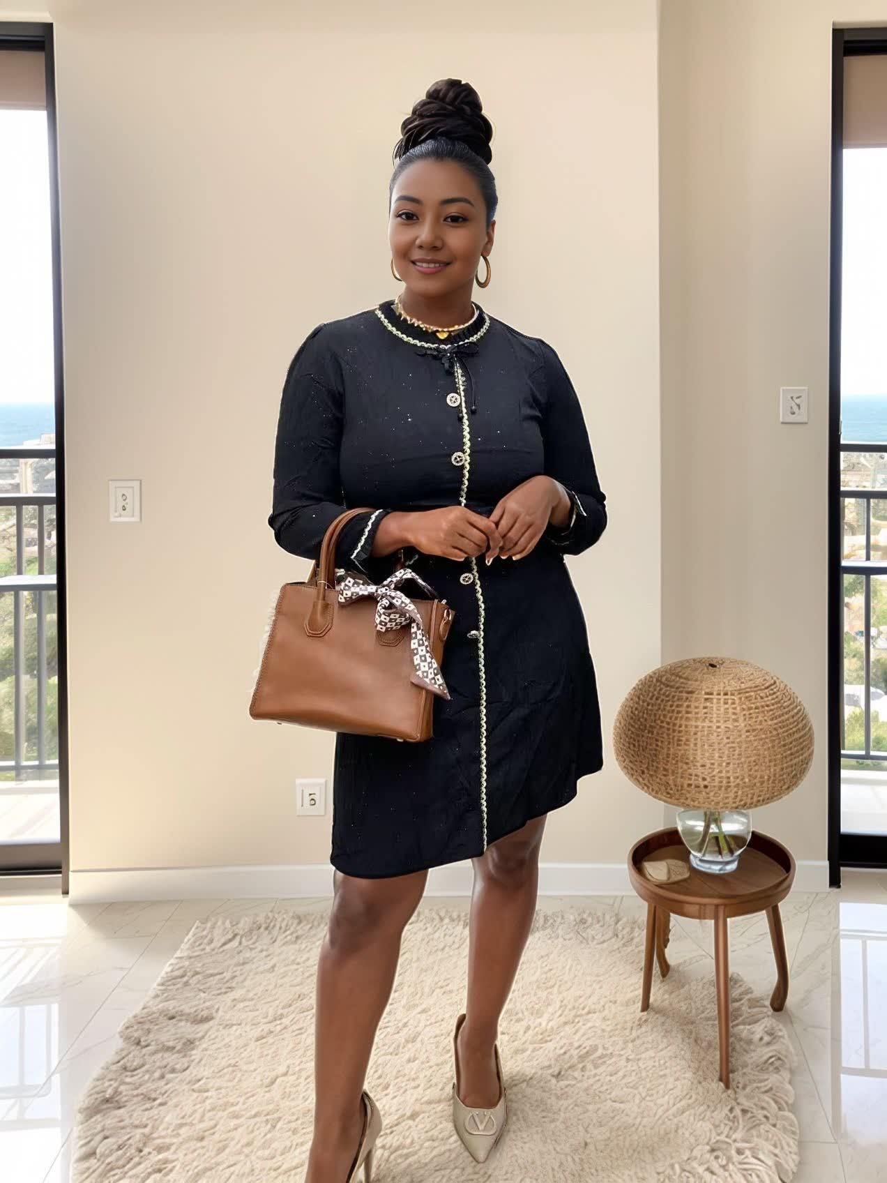 Flap-collar pearl button dress in dark navy with long sleeves, button front; tan bag