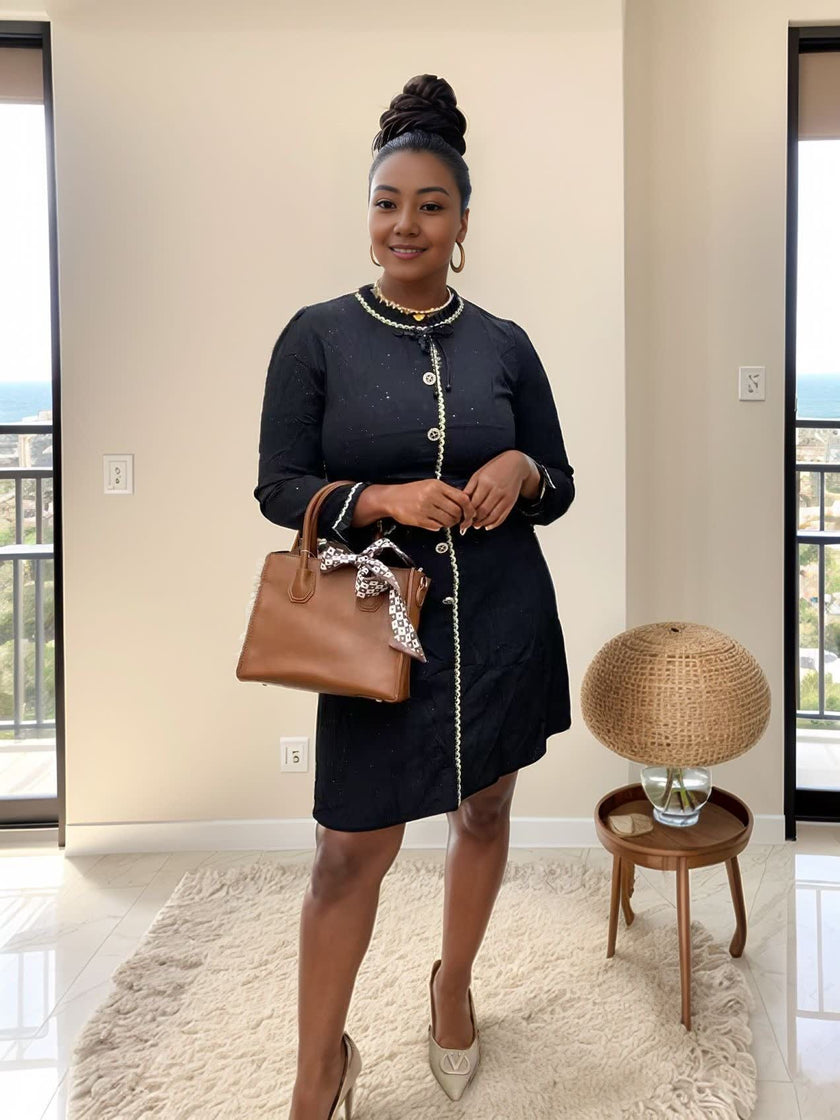 Flap-collar pearl button dress in dark navy with long sleeves, button front; tan bag