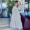 Polka Dot Patterned Long-Sleeve Flared Maxi Dress