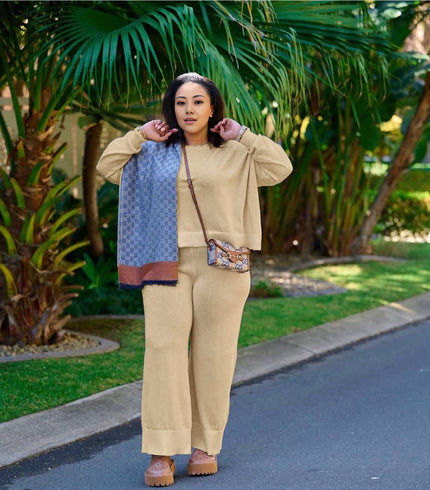 Tan knit two-piece set with wide-leg loose pants and zip-front top