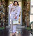 Light purple knit two-piece set with wide-leg loose pants and long-sleeve top