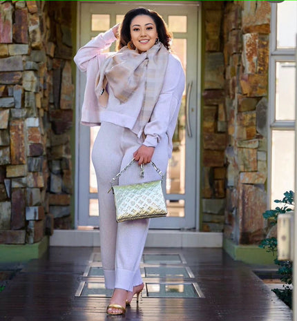 Light purple knit two-piece set with wide-leg loose pants and long-sleeve top