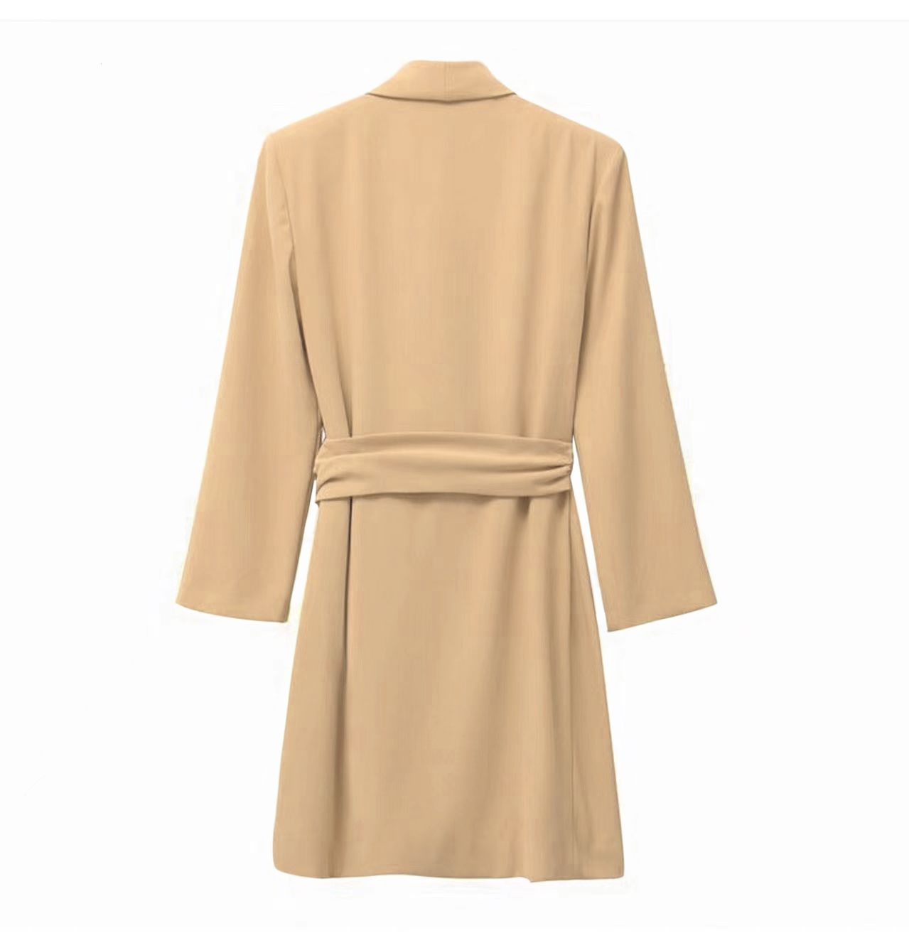 Tan wrap mini dress with long sleeves, V-neck, and belt tie at the waist.