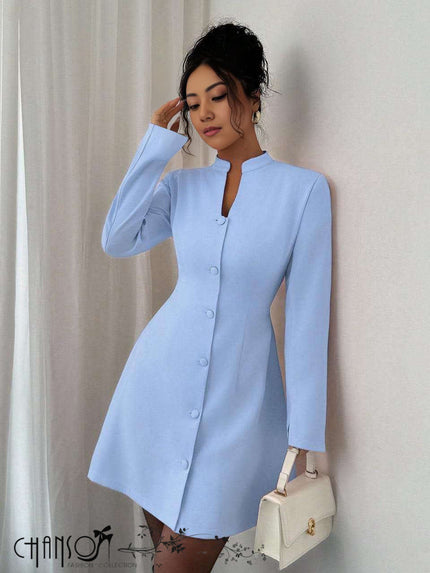 Sky blue mini dress with stand collar, long sleeves and front button details
