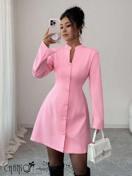 Pink mini dress with stand collar, long sleeves and button-front closure