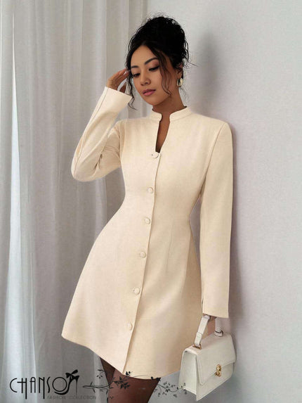 Beige mini dress with stand collar, long sleeves, button-front placket