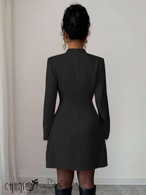 Stand Collar Button-Front Long Sleeve Mini Dress for Smart Casual