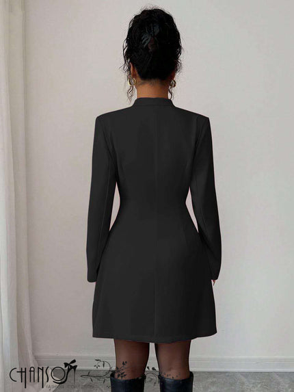 Black mini dress, long sleeves and stand collar; back view
