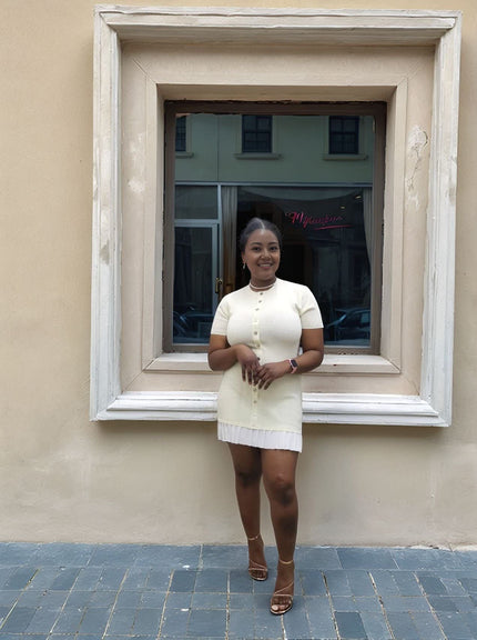 Button-Front Knitted Dress Pleated Hem Casual Chic