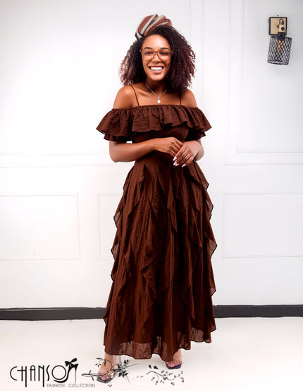 Coffee brown off-shoulder maxi dress with double ruffle neckline and tiered flowy skirt