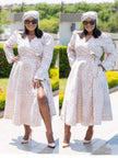 Geometric wrap midi dress with puff sleeves, off-white print, V neckline and waist tie