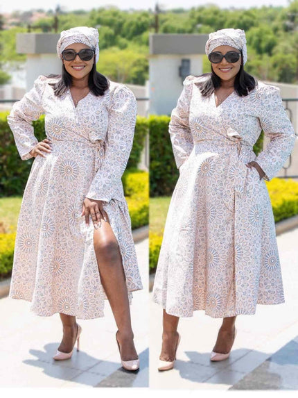 Geometric wrap midi dress with puff sleeves, off-white print, V neckline and waist tie