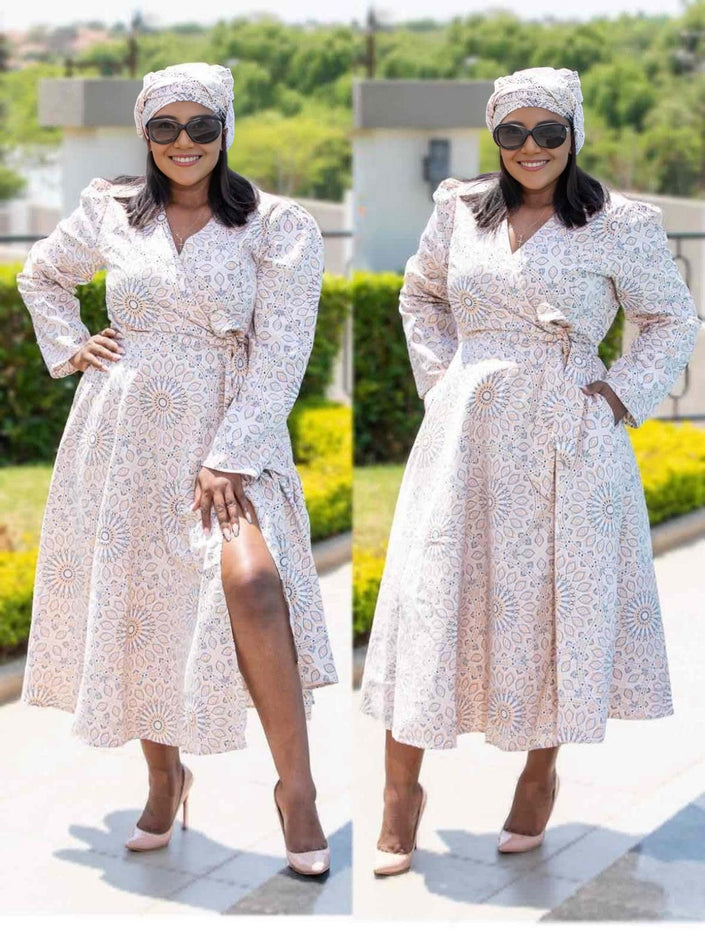 Geometric wrap midi dress with puff sleeves, off-white print, V neckline and waist tie