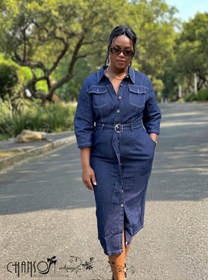 Dark blue denim midi dress with collar, button front, belt, pockets, and slit hem