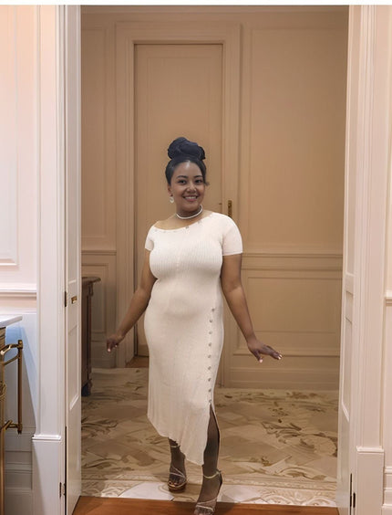 Dress One-Shoulder Knit Side Button Trim Chic Casual