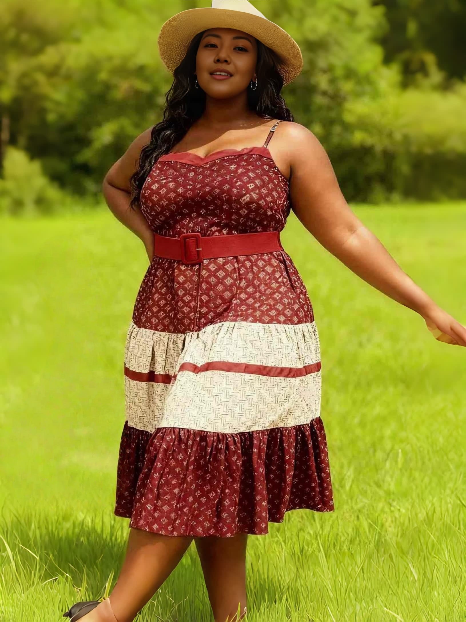 Belted sleeveless floral A-line midi dress in red, layered skirt with striped hem.