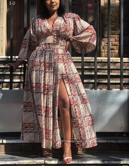Maxi dress with high slit, flared long sleeves, V-neck, multicolor abstract print