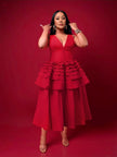 Women's sleeveless deep V-neck tiered ruffle midi dress - view 3