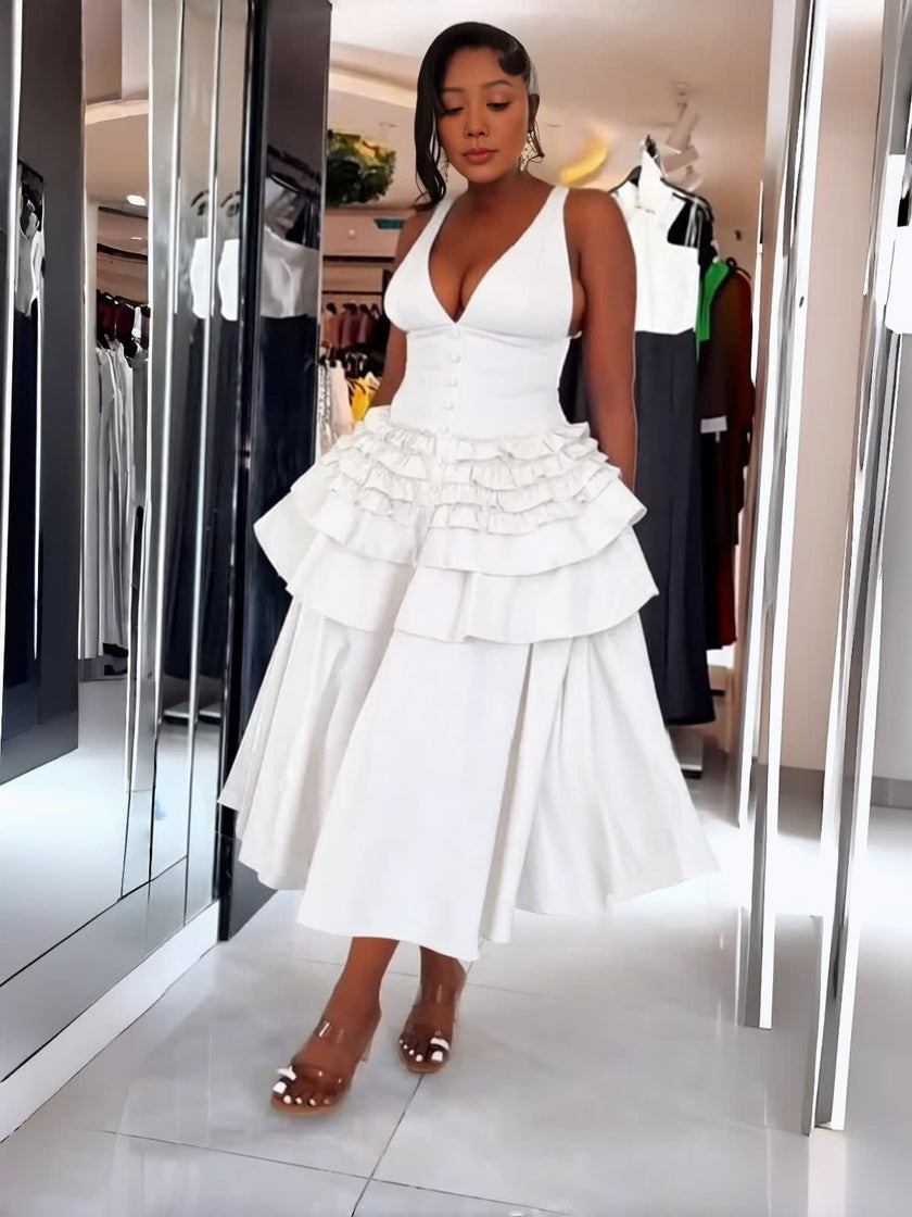 Women's sleeveless deep V-neck tiered ruffle midi dress - view 1