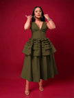 Women's sleeveless deep V-neck tiered ruffle midi dress - view 4