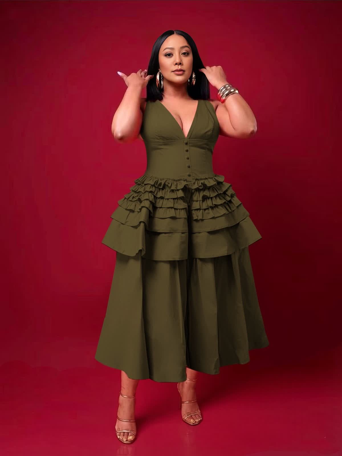 Women's sleeveless deep V-neck tiered ruffle midi dress - view 4