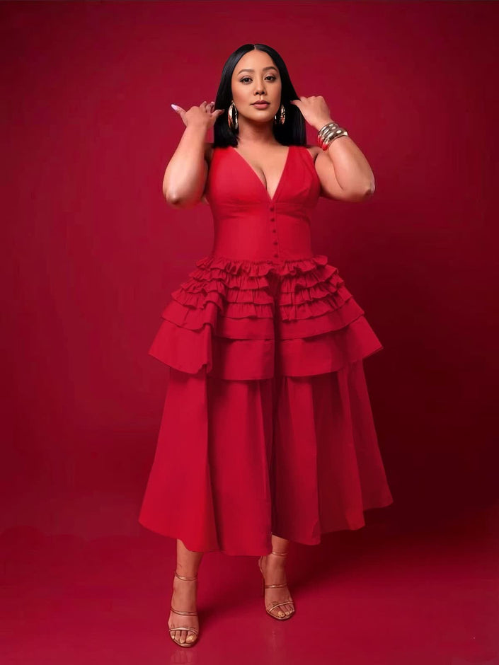 Red sleeveless deep V-neck tiered ruffle midi dress with layered skirt