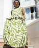 Women's Sleeveless Ruffled Waist Gathered Long Dress, Abstract Wave Pattern Design