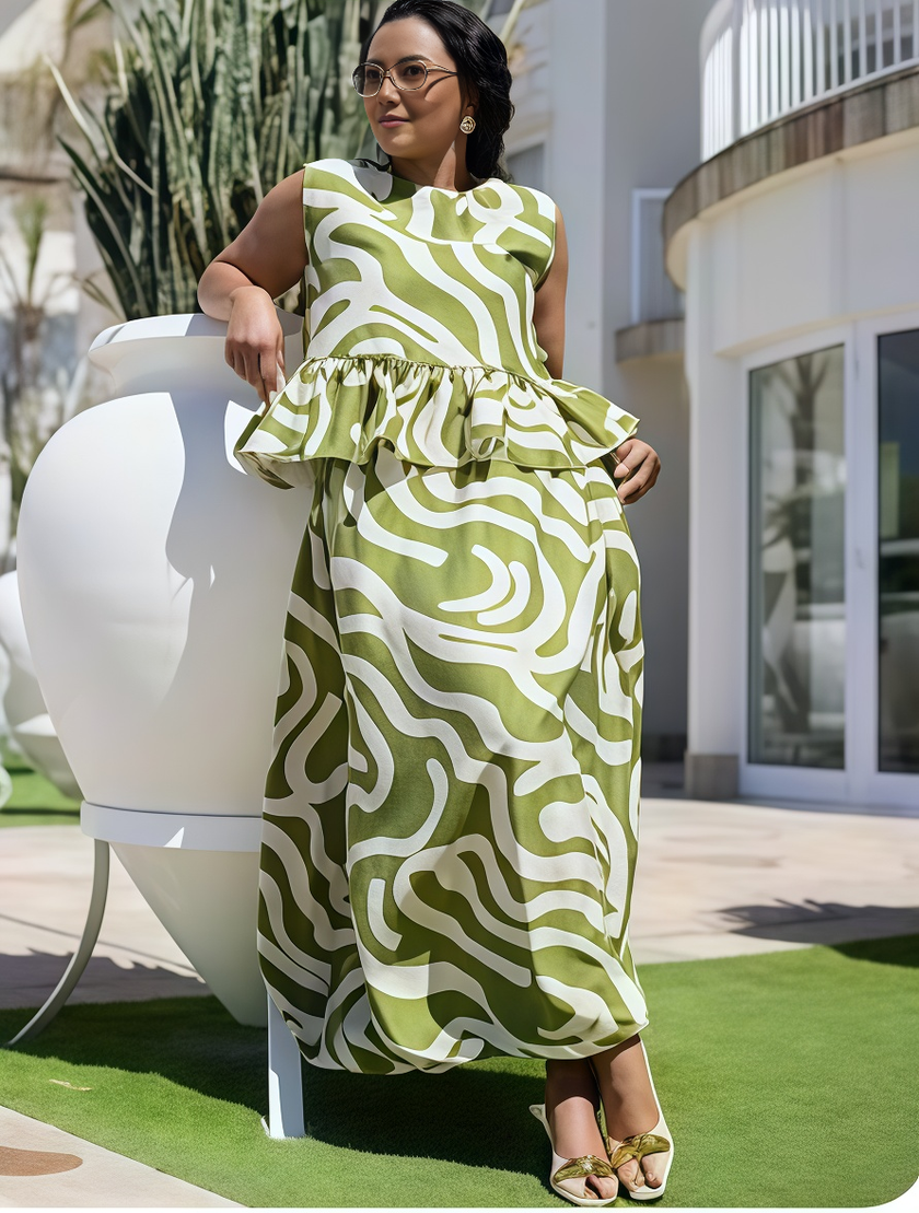 Ruffle waist maxi dress, sleeveless green abstract print with tiered skirt