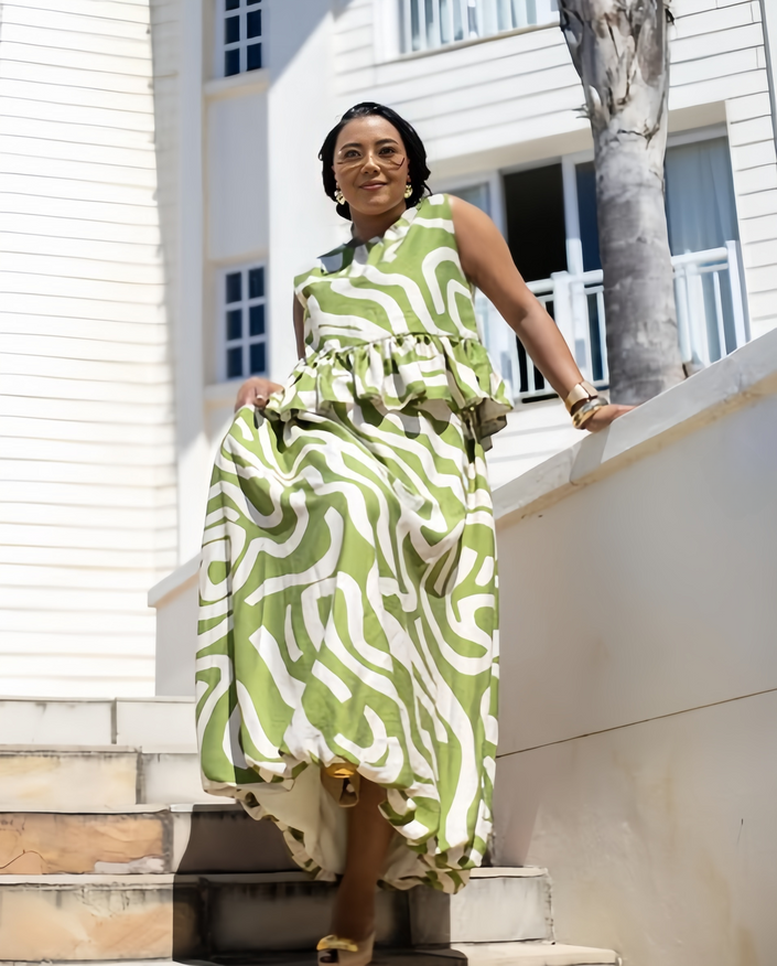 Women's Sleeveless Ruffled Waist Gathered Long Dress, Abstract Wave Pattern Design