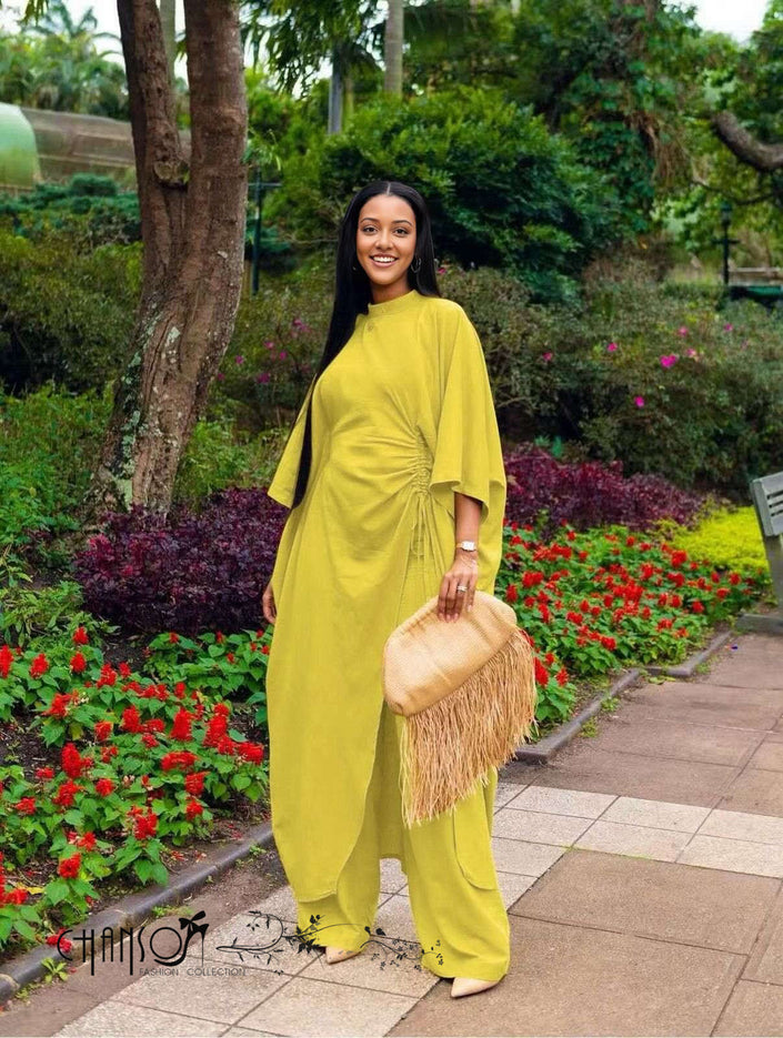 Gathered wide-leg pantsuit in yellow-green with draped side tie and wide sleeves
