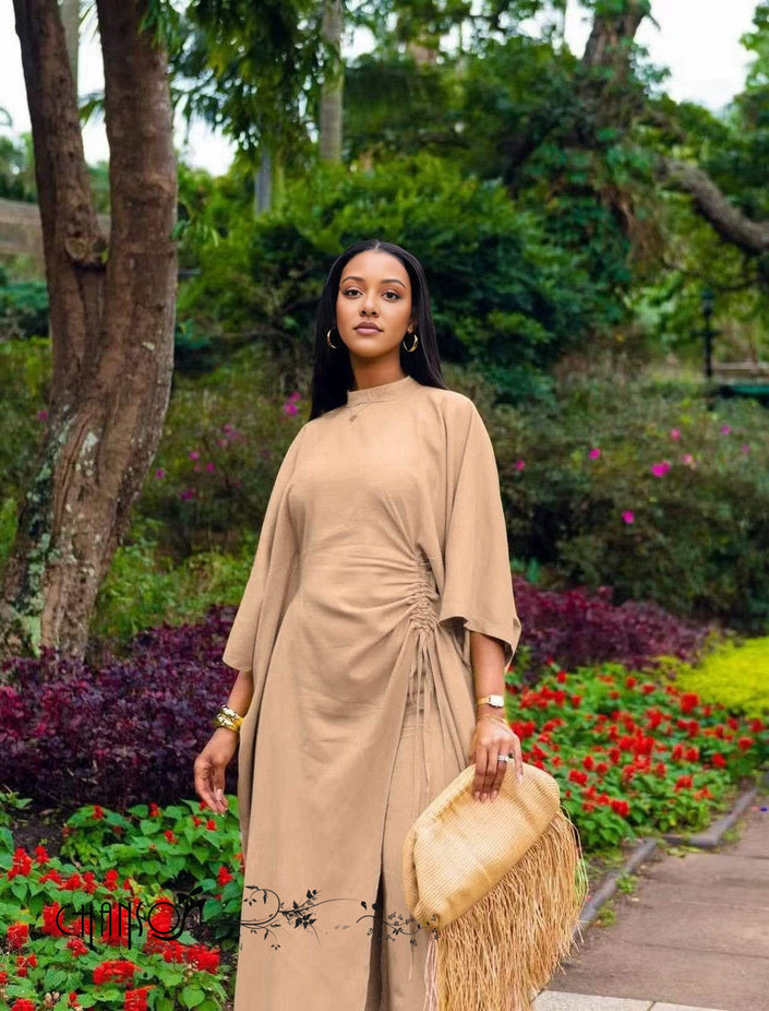 Gathered wide-leg pantsuit in tan with draped side tie and wide kimono sleeves