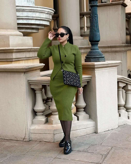 Army-green knit twin set midi skirt with crossover collar, button placket, long sleeves