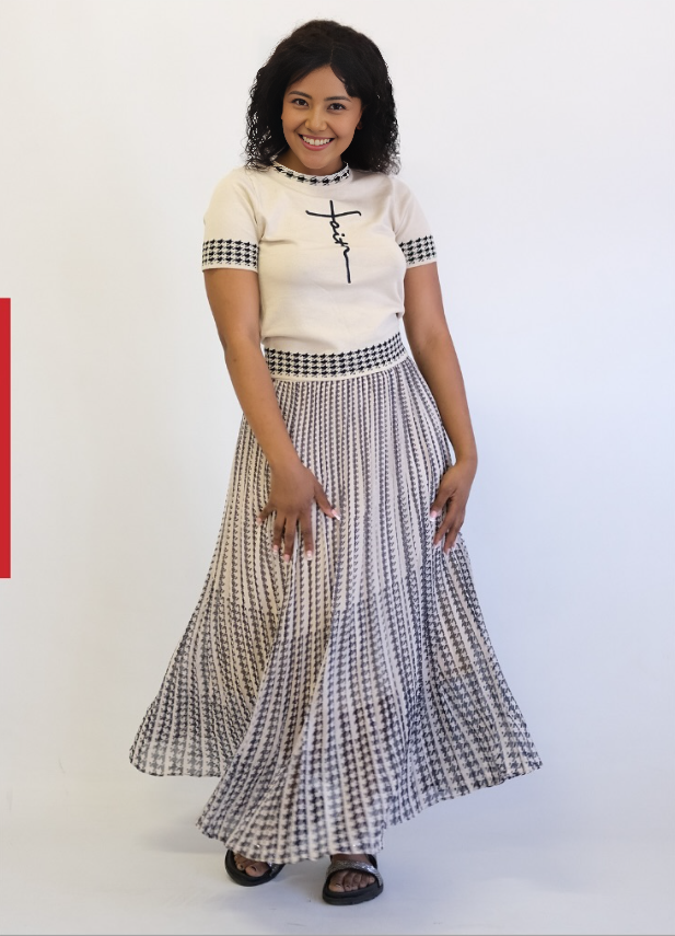 Houndstooth top and pleated skirt set: cream blouse with trim, patterned pleated midi skirt