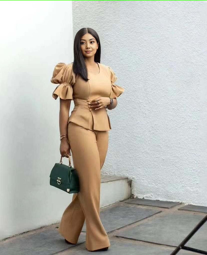Nude tan puff-sleeve top with matching wide-leg trousers twin set