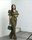 Army-green puff-sleeve top with matching wide-leg trousers twin set