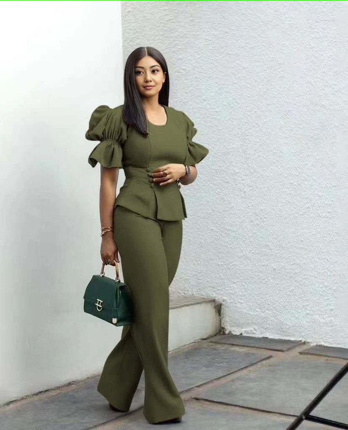 Army-green puff-sleeve top with matching wide-leg trousers twin set