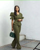 Army-green puff-sleeve top with matching wide-leg trousers twin set