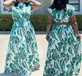 Floral maxi skirt with stretch waist, green-and-white botanical print, gathered skirt hem