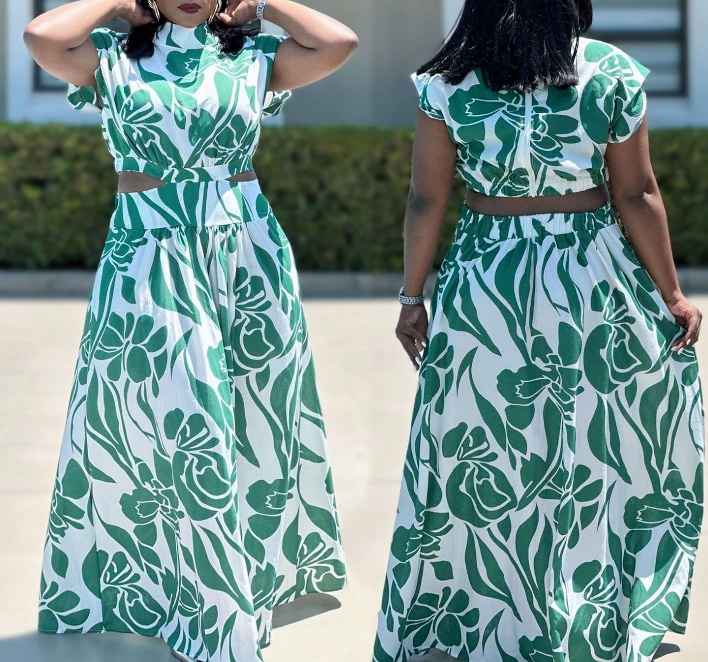 Floral maxi skirt with stretch waist, green-and-white botanical print, gathered skirt hem