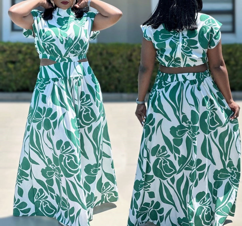 Floral maxi skirt with stretch waist, green-and-white botanical print, gathered skirt hem