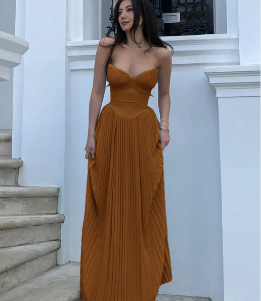 Peru pleated bustier maxi dress with sweetheart neckline and fitted corset-style bodice