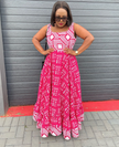 Geometric Pattern Flared Maxi Dress with Fitted Bodice