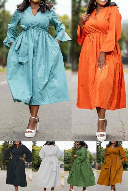 Cinched waist midi dress with bishop sleeves and gathered skirt