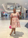 Belted puff-sleeve dress with rose print, tiered skirt, short sleeves