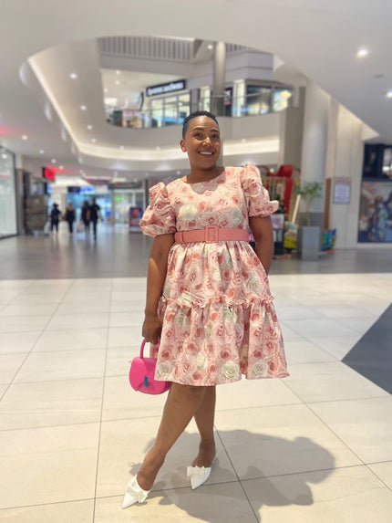 Belted puff-sleeve dress with rose print, tiered skirt, short sleeves